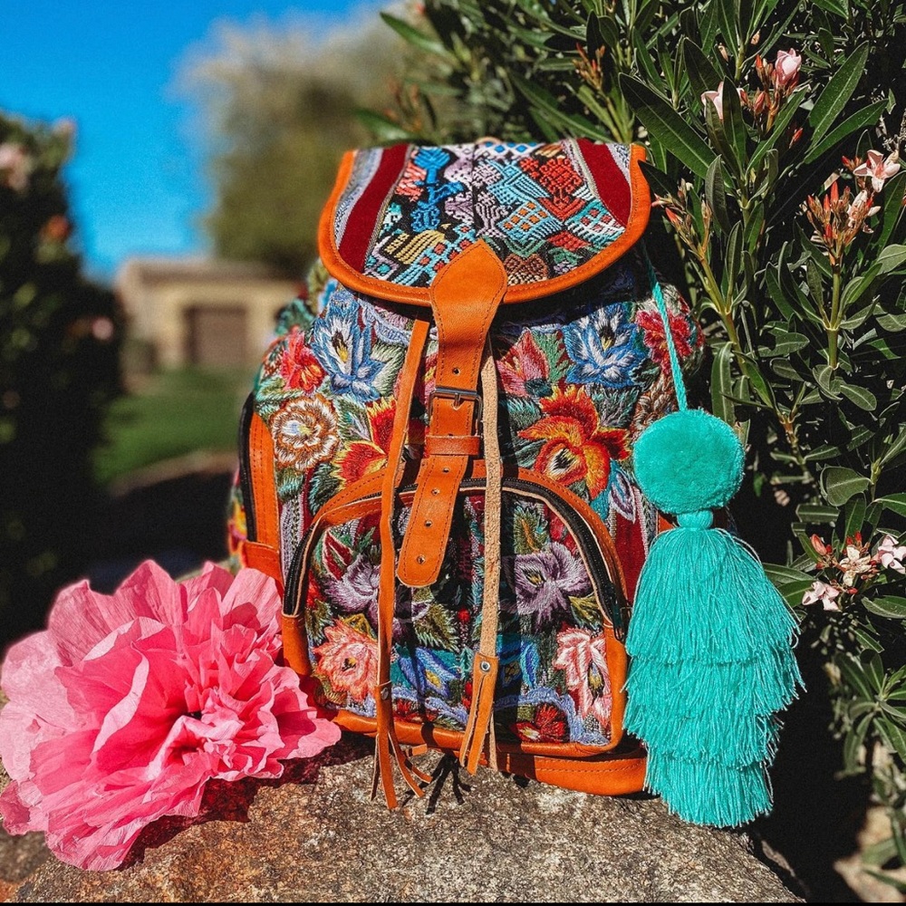Embroidered leather backpack